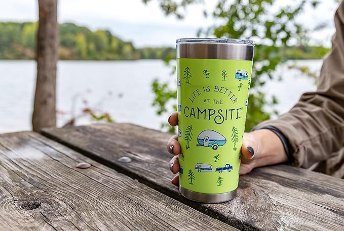 Camco Life is Better at The Campsite 20 oz. Printed Tumbler | Features Superior Ice & Heat Retention | Camper/RV Sketch Pattern on Green Background Design (53321)