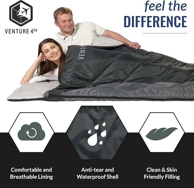 VENTURE 4TH Backpacking Sleeping Bag – XXL, Double and Single Sizes - Lightweight Warm & Cold Weather Sleeping Bags for Adults, Kids & Couples – Ideal for Hiking, Camping & Outdoor Adventures