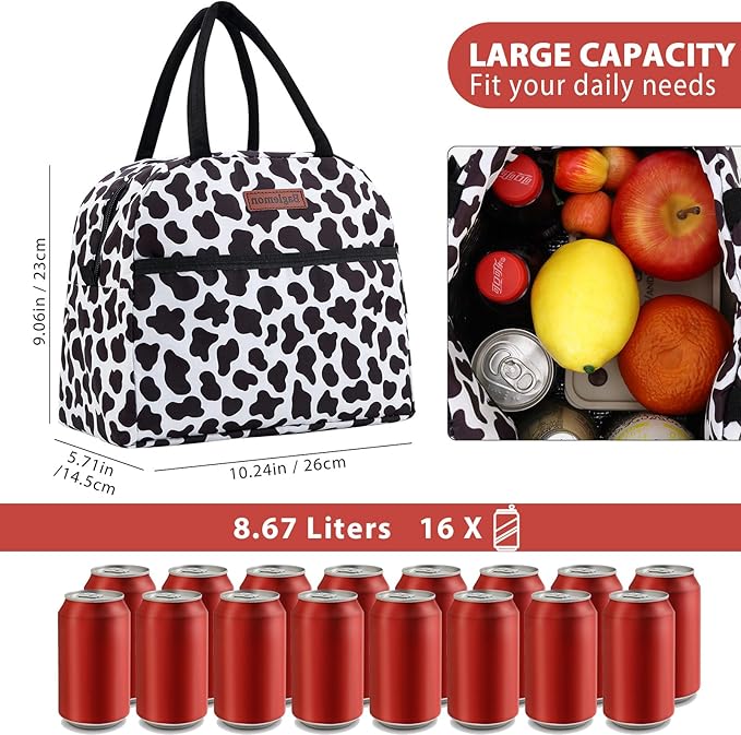 Insulated Lunch Bag for Women Men, Lunch Containers Reusable High Capacity Lunch Tote Bags for for Work Picnic (Cow Print)