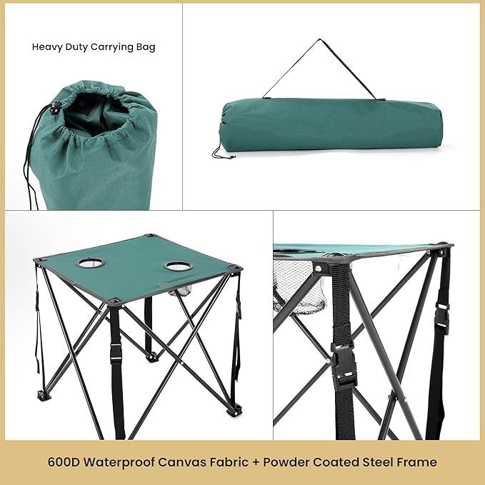 ARROWHEAD OUTDOOR 26” (66cm) Heavy-Duty Portable Camping Folding Table, 2 Cup Holders, Compact, Square, Carrying Case Included, Steel Frame, High-Grade 600D Canvas, USA-Based Support