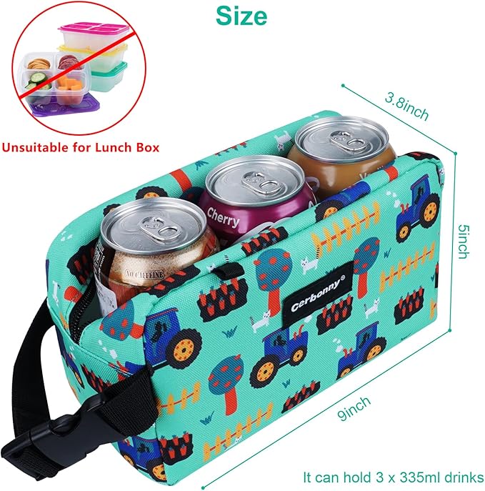 Cerbonny Small Cooler Bag Freezable Lunch Bag for Work School Travel,Small Lunch Bag,Small Insulated Bag For Kids/Adults,Freezer Lunch Bags,Mini Lunch Bag Fit For Yogurt,Suit for 3+(green vehicle)