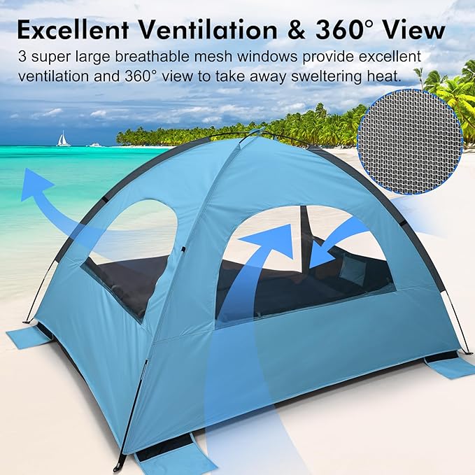WhiteFang Beach Tent Anti-UV Portable Sun Shade Shelter for 3/4/6/8 Person, Extendable Floor with 3 Ventilating Mesh Windows Plus Carrying Bag, Stakes and Guy Lines