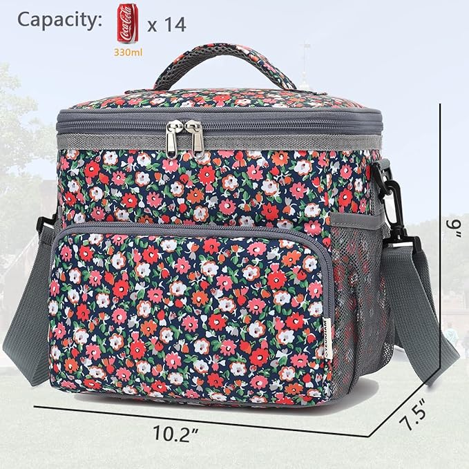 Insulated Reusable Lunch Bag Adult Large Lunch Box for Women and Men with Adjustable Shoulder Strap,Front Zipper Pocket and Dual Large Mesh Side Pockets,Floral