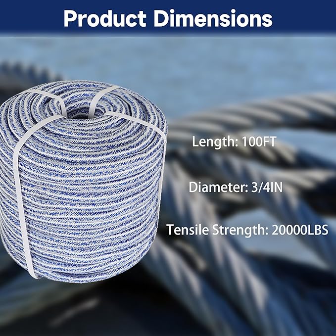 Arborist Tree Rope, 3/4inch by 100FT, 24 Strand Bull Rope up to 20000lbs Tensile Strength, Blue and White