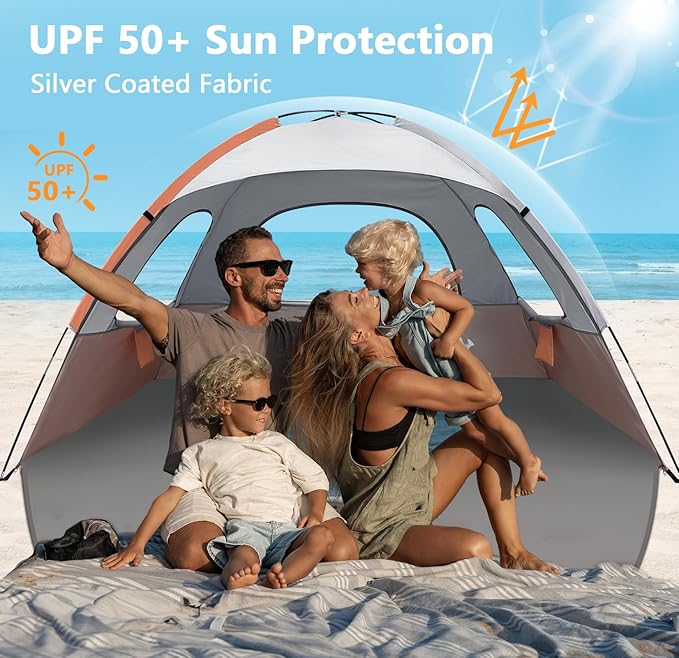 NXONE Beach Tent Sun Shade Shelter for 4 Person with UV Protection, Extended Floor, 3 Mesh Roll Up Windows & 8.5mm Fiberglass Rods丨Carry Bag Included (Orange White)