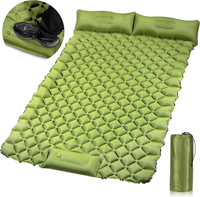 Double Camping Pads for Sleeping, Ultralight Floor Mattresses for Sleeping with Built-in Pillow Foot Pump, Mattress Foldable for Tent, Backpacking, Hiking, Car Traveling, Army Green