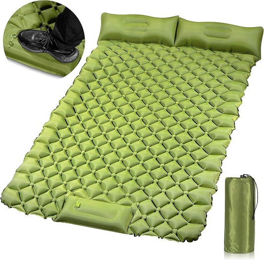 Double Camping Pads for Sleeping, Ultralight Floor Mattresses for Sleeping with Built-in Pillow Foot Pump, Mattress Foldable for Tent, Backpacking, Hiking, Car Traveling, Army Green