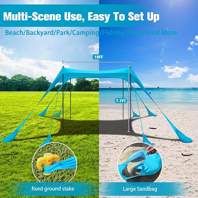 Beach Tent Sun Shelter 10x10FT Beach Shade Canopy with 8 Sandbags, UPF 50+ Protection Beach Shade Canopy, Outdoor Tent for Beach Camping Trips, Fishing, Backyard