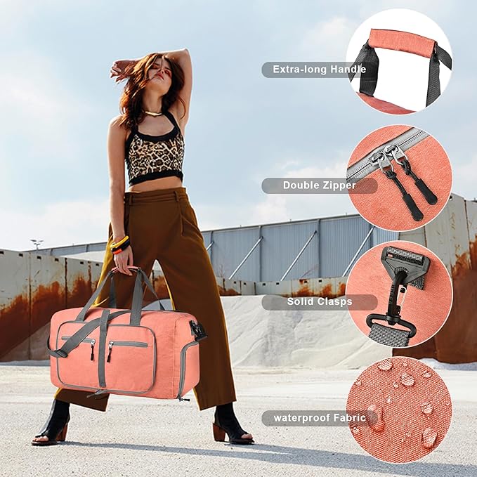 Dimayar 40L Travel Duffle Bag for Men Women - Foldable Duffel Bag with Shoes Compartment - Overnight Bags Waterproof & Tear Resistant(Orange)