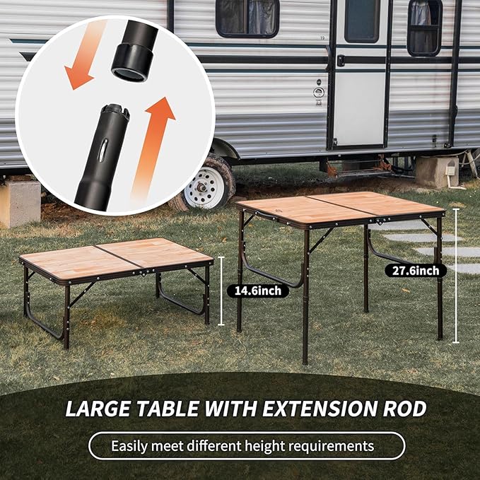 Naturehike Large Camping Folding Table Beach, Portable Camping Side Tables with Adjustable Legs, Tent Table Folding Camp Table with Carry Bag for Outdoor Camping, Cooking, BBQ, Travel - Wood