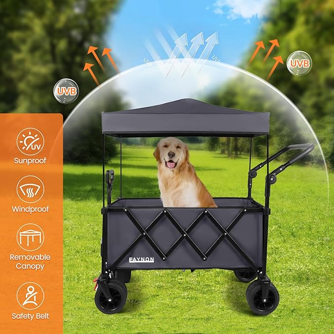 2 in 1 Collapsible Wagon with 300lbs Weight Capacity,150L Heavy Duty Utility Cart with Removable Canopy,with Big All-Terrain Beach Wheels & Drink Holders,Gray