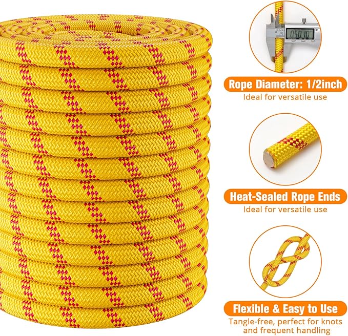 Double Braided Arborist Rigging Rope - 1/2 in X 150 ft 48 Strands Outdoor Pulling Heavy Duty Polyester Bull Rope for Swing Tree Work Camping Rescue Hiking - Yellow