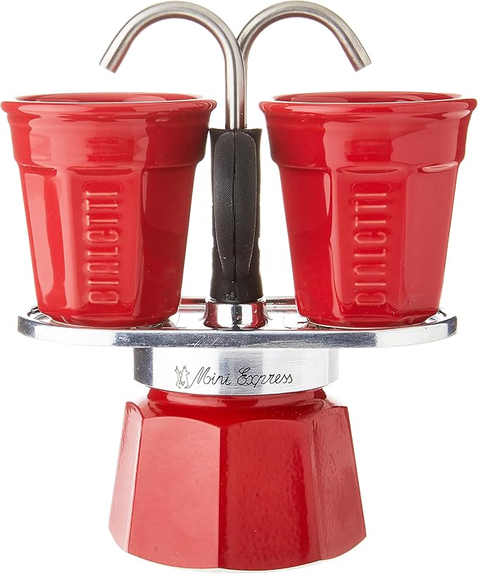 Bialetti - Mini Express Color: Moka Set includes Coffee Maker 2-Cup (2.8 Oz) + 2 shot glasses, Red, Aluminium