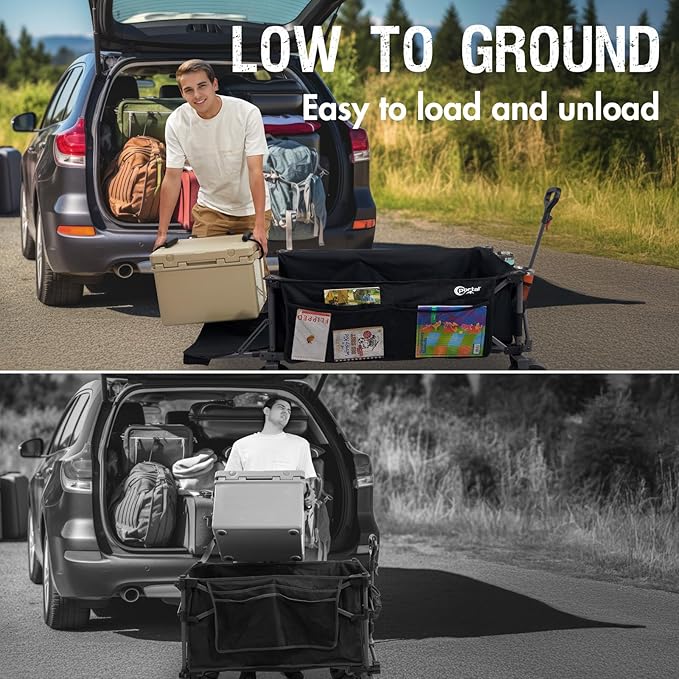 PORTAL 26" Extra Wide 55" Long Foldable Wagon with Tailgate, Large 600L Collapsible Wagon with Cargo Net, 400 LBs Heavy Duty Utility Cart with Big All-Terrain Wheels for Beach, Camping, Sports, Dogs