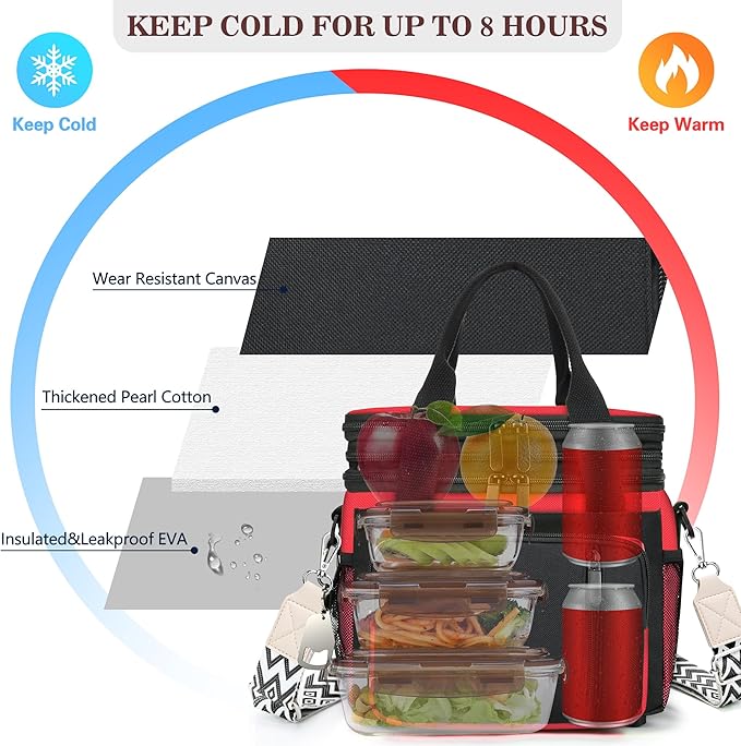 LOKASS Lunch Box for Women/Men-16L-Insulated Lunch Bag, Expandable Double-layer Leakproof Cooler Bag with Upgrade Adjustable Shoulder Strap Ideal for Work/Travel/Picnics（Red&Black）