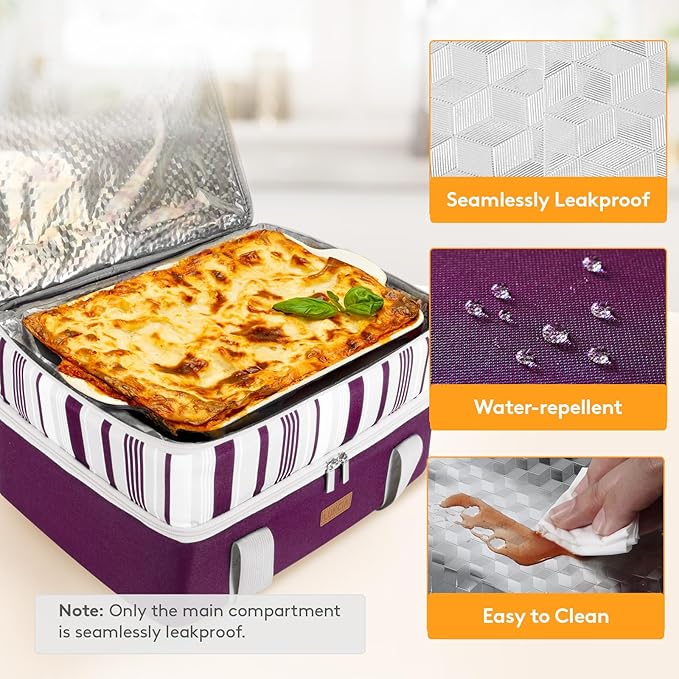 Double Decker Insulated Casserole Carrier for Hot or Cold Food, Lasagna Lugger Tote for Potluck Parties/Picnic/Cookouts, Fits 9"×13" Baking Dish, Purple