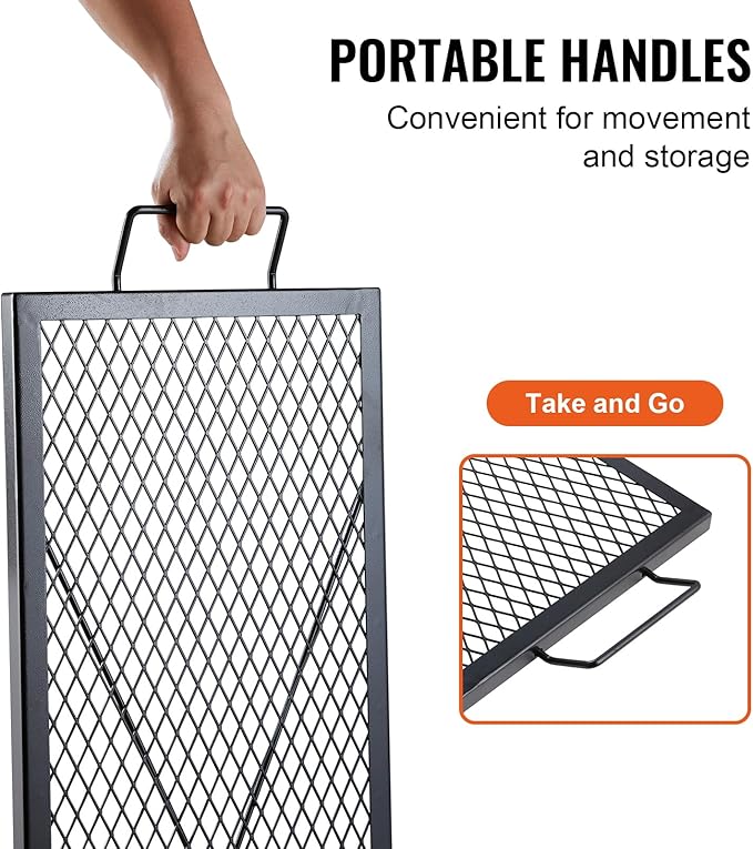 VEVOR X-Marks Fire Pit Grill Grate, Rectangle Cooking Grate, Heavy Duty Steel Campfire BBQ Grill Grid with Handle & Support X Wire, Portable Camping Cookware for Outside Party Gathering, 44 Inch Black