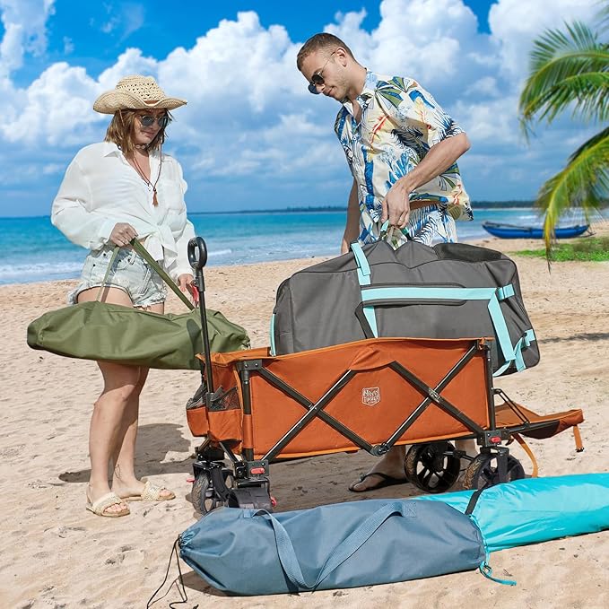 TIMBER RIDGE 47" L Collapsible Wagon with Tailgate & Brake, 300lbs Heavy Duty Beach Wagon with All-Terrain Big Wheels, 250L Foldable Utility Cart for Sand Camping Sports Shopping, Orange