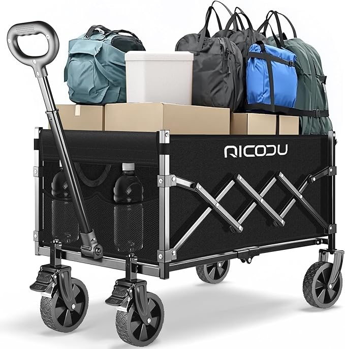Foldable Wagon with Brakes - Lightweight 11lbs Collapsible Utility Wagon, 180lbs Capacity All-Terrain Wheels - Portable Beach Camping & Grocery Hauler