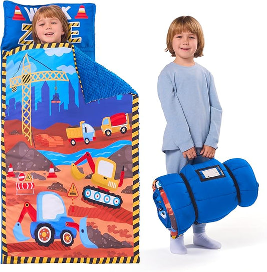 JOIEDOMI Toddler Nap Mat for Preschool 55''x30'' Sleeping Mat with Removable Pillow and Minky Blanket for Kids Ages 3-7 Roll Up Soft Kids Sleeping Bag for Boys Girls Kindergarten Daycare Sleepover