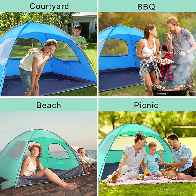 WhiteFang Beach Tent Anti-UV Portable Sun Shade Shelter for 3/4/6/8 Person, Extendable Floor with 3 Ventilating Mesh Windows Plus Carrying Bag, Stakes and Guy Lines