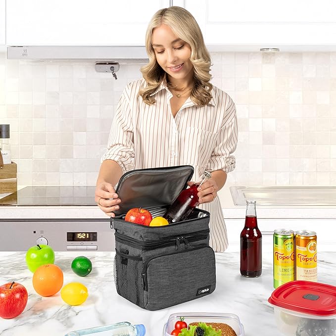 opux Insulated Lunch Bag for Men Women, Large Dual Compartment Cooler Bag, Soft Two Deck Lunch Box for Work School Picnic, Leakproof Lunch Tote with Strap for Kid Adult (Charcoal Gray, Double Deck)
