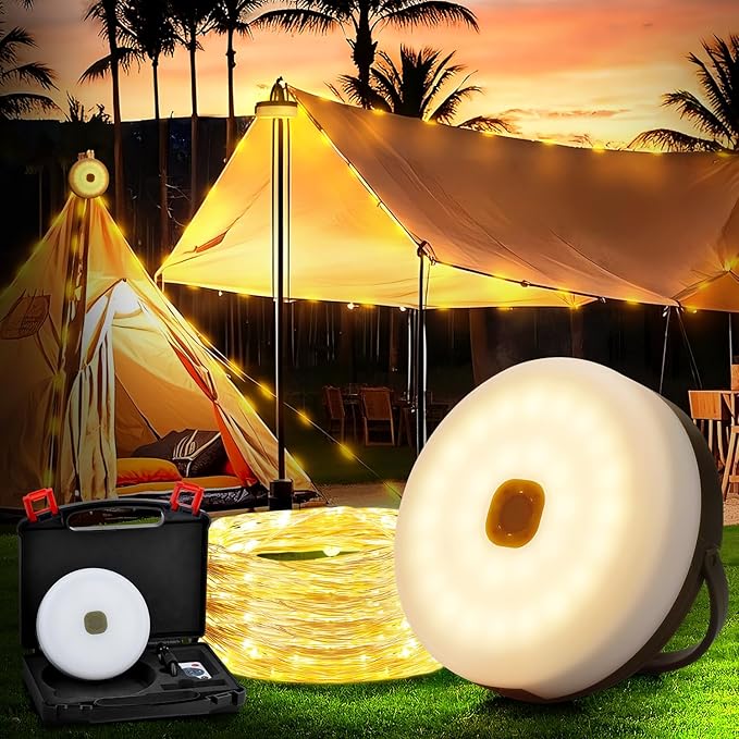 Solar Camping String Lights,40.45FT Fairy String Lights with 10 Lighting Modes,Portable Waterproof Camping Lamp with Remote Control,Solar Power and USB Rechargeable Camping Lights for Yard Hiking