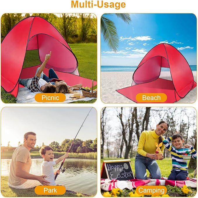 Pop Up Beach Tent for 2-3 Person, UPF50+ Anti-UV Sun Shelter w/Storage Bag, Portable Waterproof Instant Sun Shade Canopy for Outdoor Beach Camping Hiking Travel Family, Red
