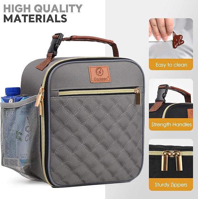 Lunch Box Reusable Lunch Bag for Men Women Kids Adults,Insulated Lunch Bag Waterproof Lunch Box Cooler,Small Lunch Box With Side Pockets for Work Office School Travel Picnic -Gray