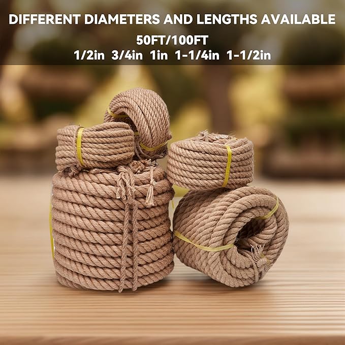 Natural Hemp Rope 3/4 inch 50Ft Thick Twisted Manila Rope Heavy Duty Jute for Crafts, Porch Swing, Tug of War, Nautical, Home Decorating, Railing, Docks, Landscaping