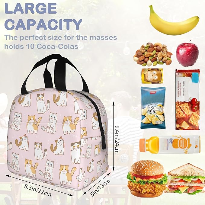 Cute Cartoon Cat Pink Lunch Box,Insulated Lunch Bag for Girls Boys,Reusable Lunch Box for Kids Adults School Student Work Picnic Travel