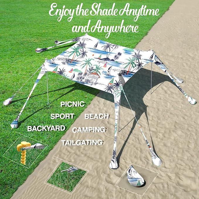 Rhino Valley Beach Tent Sun Shelter, Beach Canopy Tent Sun Shade UPF50+ Protection with 8 Sandbags 4 Stability Poles, Outdoor Beach Shade Canopy for Beach, Camping, Fishing