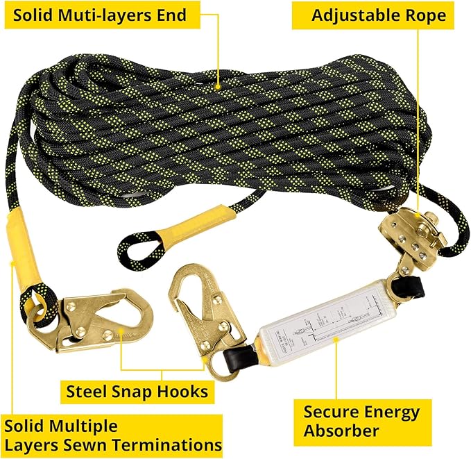 TRSMIMA Rope Harness Safety Lanyard：25ft Vertical Roofing Rope With Grab Snap Hooks Shock Absorber - Fall Protection Tree Climbing Line Kit Heavy Duty Roof Safety Equipment ANSI CE