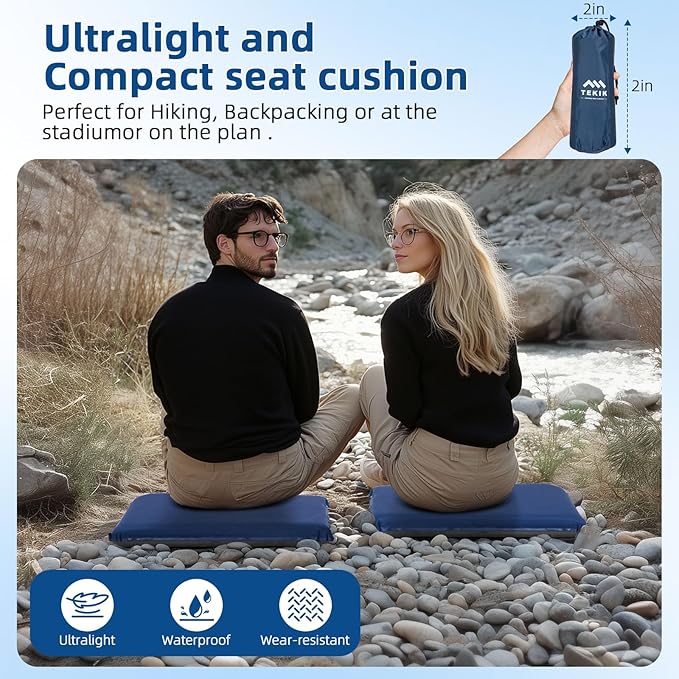 Inflatable Seat Cushion, Lightweight Self-Inflating Memory Foam Seat Cushion for Stadium Camping, Airplane Travel, Bleachers, Waterproof Portable Cushion Chair Pad with Carry Bag (Blue Grey)