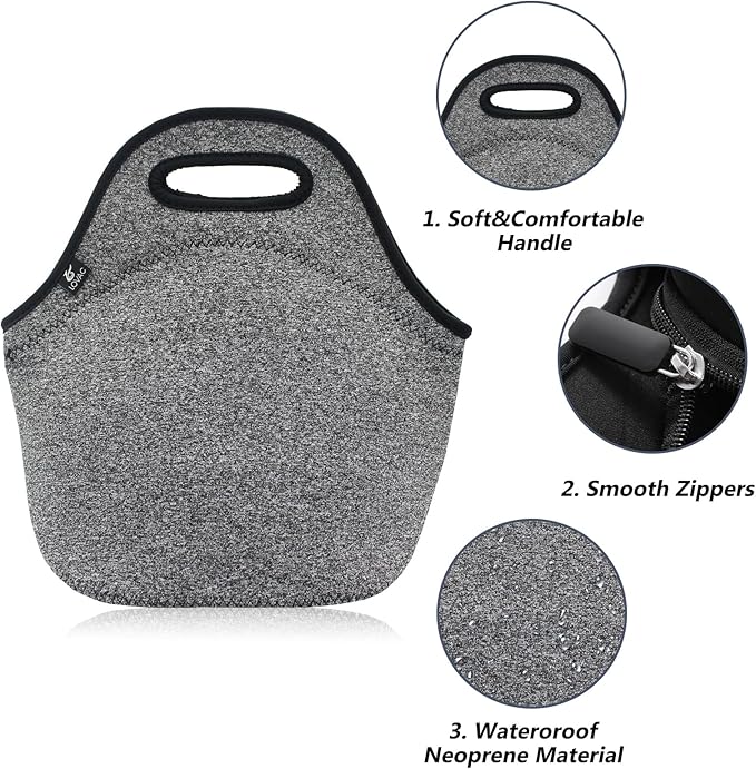 LOVAC Insulated Neoprene Lunch Bag for Men,Reusable Lunch Tote,Durable and Waterproof Lunch Bags,Soft and Lightweight (Black-Grey)