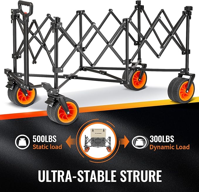 EchoSmile Collapsible Foldable Extended Height Wagon with 500lbs Weight Capacity,Folding Utility Garden Cart with Big All-Terrain Beach Wheels,for Camping, Garden,Sports,Beach,Shopping,Black & Orange