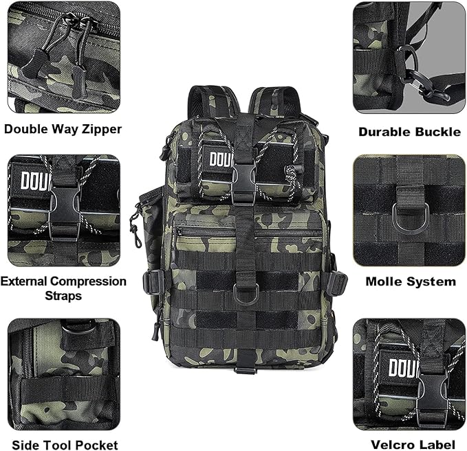 Tactical Backpack Medium EDC DayPack Military Molle Backpacks Bag Outdoor Rucksack for Fishing Hunting Camping (Black CP camo)