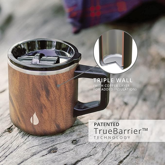 Elemental Insulated Coffee Mug - Triple-Wall Stainless Steel Summit Travel Cup for Hot and Cold Drinks - Thermal Coffee Mug with Lid and Handle for Camping, Office & Travel 12oz - Teakwood