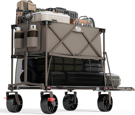 TIMBER RIDGE 400L Large Capacity Folding Double Decker Wagon with Brakes, 54" Extra Long Extender Wagon Cart, 450lbs Heavy Duty Collapsible Cart, All-Terrain Big Wheels for Camping, Sports, Shopping