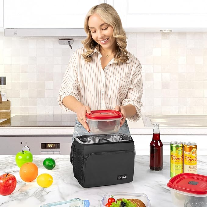 opux Insulated Lunch Bag for Men Women, Soft Lunch Box for Office Work School Picnic, Leakproof Lunch Cooler Bag with Shoulder Strap for Kid Adult Boy Girl, Medium Lunchbox Lunch Tote (Black)