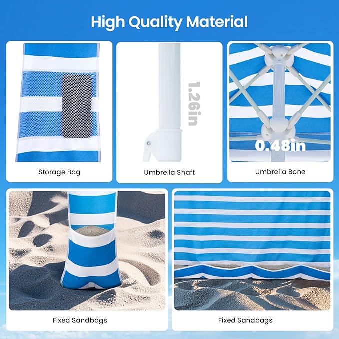 Grandekor UPF 50+ 6'×6' Beach Cabana with Sand Anchor Sidewall Hanging Hook Portable for Family Beach Trips Outdoor Shade Shelte