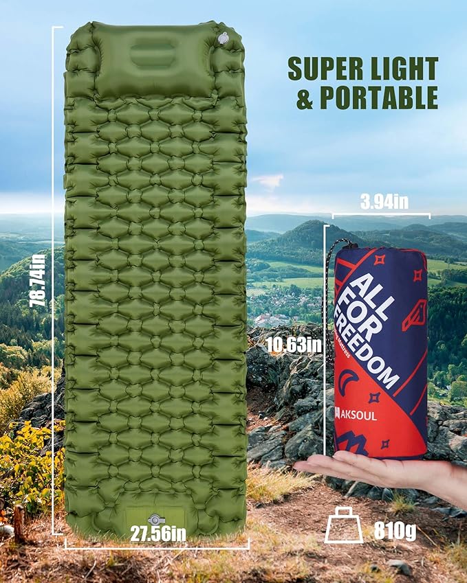 AKSOUL Sleeping Pad Camping Mat: Self Inflating Ultralight & Compact Air Mattress, Connectable Lightweight Inflatable Pad with Built-in Foot Pump for Camping, Hiking, Backpacking