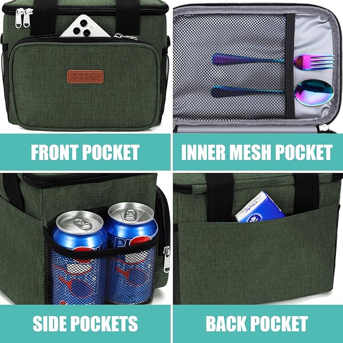 Tiblue Insulated Reusable Lunch Box for Office Work School Picnic Beach, Leakproof Freezable Cooler Bag with Adjustable Shoulder Strap (Medium, Dark green)