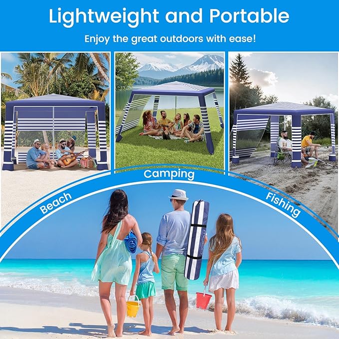 MoKo Beach Cabana, 8'×8' Large Beach Canopy with Side Wall, UPF 50+ Protection Easy Setup Beach Tent Sun Shelter, Adjustable Height Wind Resistant Cabana Beach Tent for Whole Family, Navy Stripes
