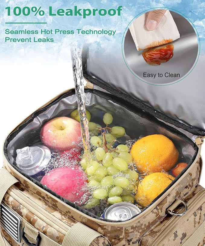 Tactical Lunch Box for Men, Large Insulated Lunch Bag Adult, Heavy Duty Double Deck Expandable Lunch Cooler Bag Leakproof Waterproof Lunch Tote for Work Office Camping Travel-Camo khaki