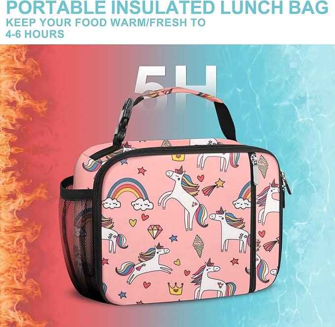 esouler Lunch Box Kids Insulated Lunch Bag for Boys & Girls Durable Children Lunchbox for School with Water Bottle Holder-Pink Unicorn