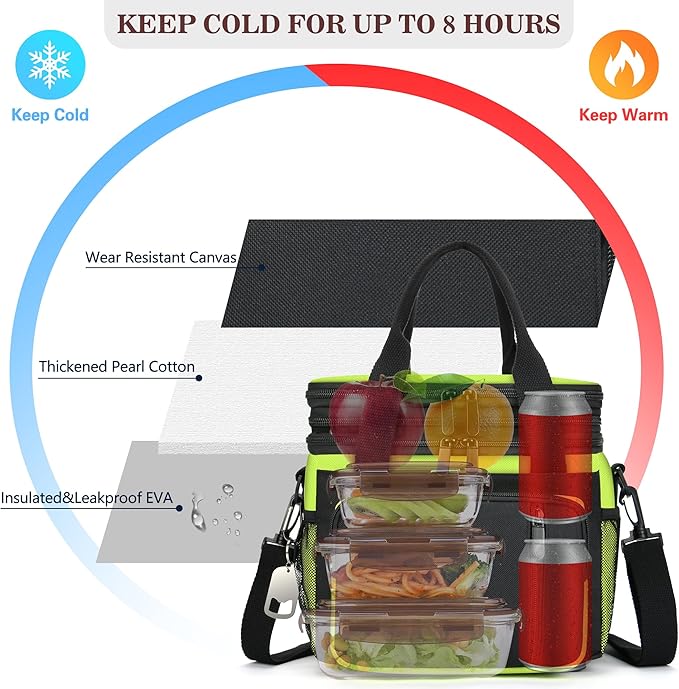 Lunch Box & Lunch Bag for Men Women, Large Insulated Adult Lunch Box, Leakproof Cooler Lunchbox with Bottle Opener for Work Picnic Beach, 16L, Neon Green