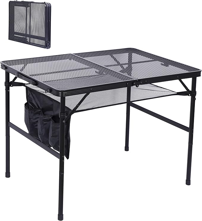 Nice C Table for Grill, Outdoor Table, Camping Table, Outdoor Cooking Table, Picnic Tables, Card Table Adjustable Height, Mesh Bag, Carry Handle (47.3” x 23.7“ x 14.7”/24.2“ Black)