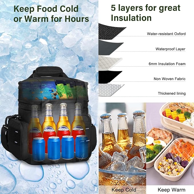 Expandable Tactical Lunch Box, Large Insulated Lunch Cooler Bag Heavy Duty Leakproof Lunch Pail for Men Adults Work Office Outdoor Picnic Trips,16L,Black