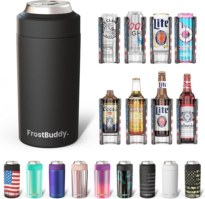 Frost Buddy Universal Can Cooler - Fits All - For Regular 12 & 16 oz or Slim-Size Bottles - Insulated Double-Walled Stainless Steel (MatteBlack)